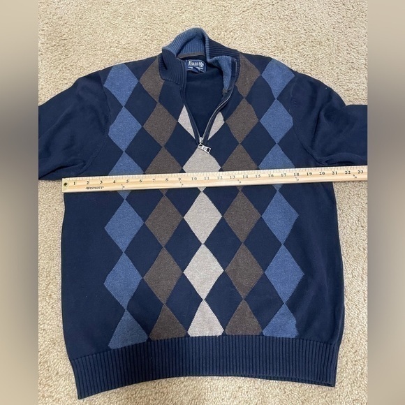 Bass Argyle Quarter Zip Pullover Sweater Blue Brown Knit Mens Size M - Picture 2 of 9